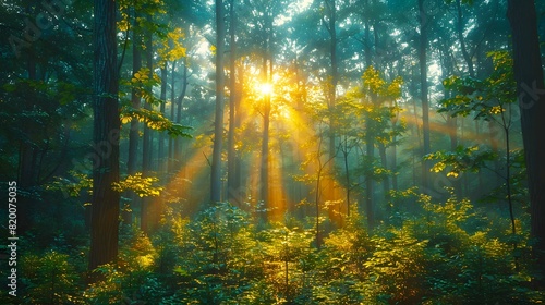 With its soft, golden sunlight filtering through the dense canopy of trees, this image transports viewers to a serene forest glade, where time seems to stand still amidst nature's beauty, 