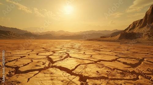 A barren landscape with no vegetation, under a scorching sun, capturing the extreme conditions of drought.