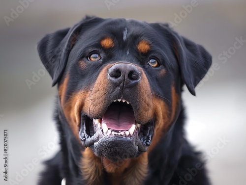 A black and brown dog with a brown nose and brown eyes. The dog is smiling and has its mouth open