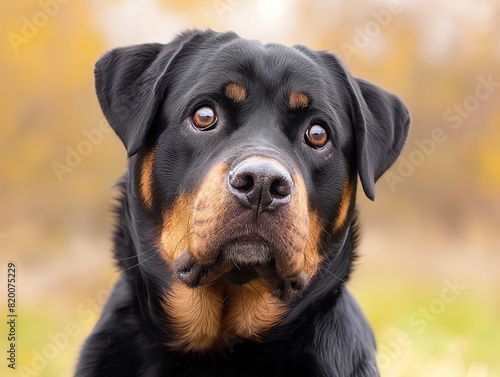 A black and brown dog with a brown nose and brown eyes. The dog is looking at the camera