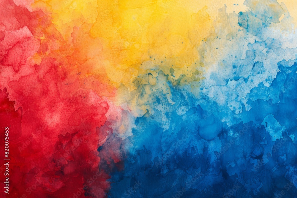 Painting of a multicolored background with a red, yellow, and blue