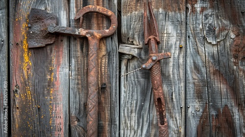 Close-up of old farming tools on a wooden wall, showcasing the textures and patina of rural vintage style photo