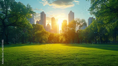 The stark contrast between the towering skyscrapers and the tranquil park below in this image symbolizes the juxtaposition of urban life and natural serenity in the modern world  photo