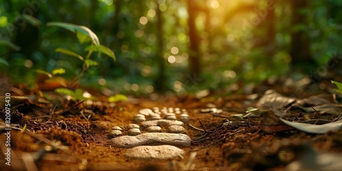 Footprints on forest floor symbolize sustainability and carbonfree travel impact. Concept Nature, Sustainability, Travel, Environment, Carbonfootprint photo