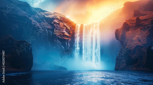 This captivating photograph captures the raw power and beauty of a cascading waterfall, its misty veil illuminated by the soft light of dawn ,  © apirom