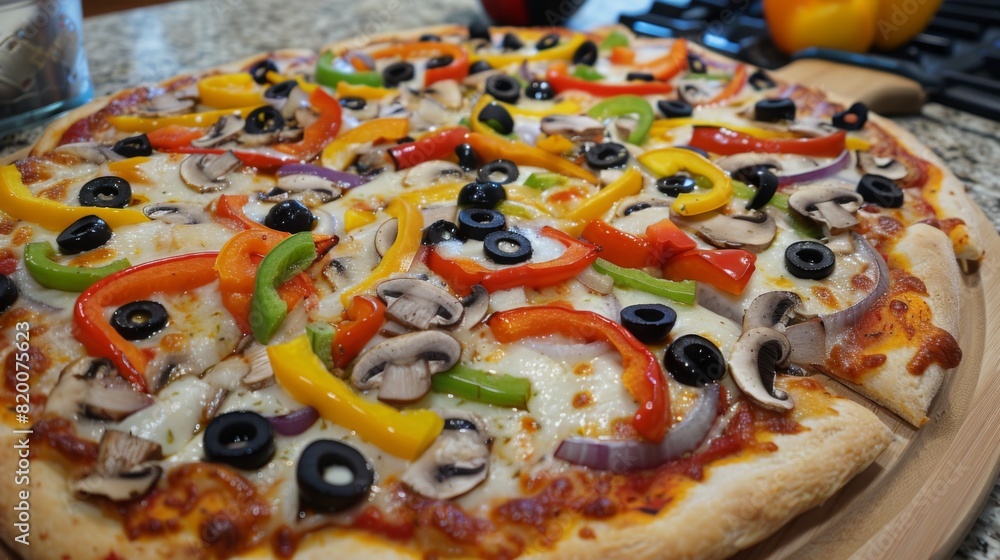A delicious vegetarian pizza loaded with colorful bell peppers, mushrooms, onions, olives, and melted cheese. A delicious vegetarian pizza loaded with colorful bell peppers, mushrooms, onions, olives, and melted cheese.