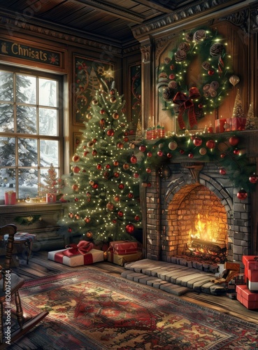 Wallpaper Mural Christmas Tree by the Fireplace: Cozy Winter Decor Torontodigital.ca