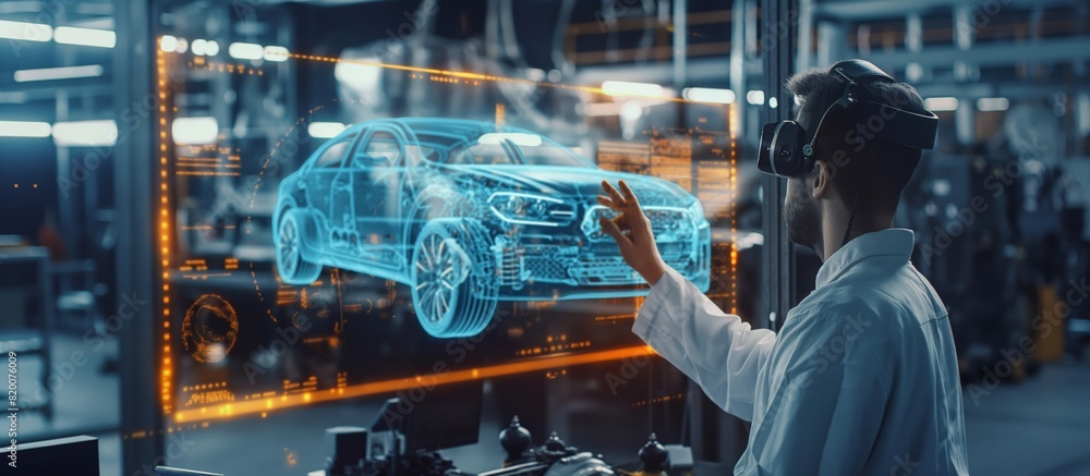 An engineer is utilizing virtual reality for designing cars, generating holographic models with futuristic 3D tech in a hightech automotive lab, showcasing innovation in automotive engineering An engineer is utilizing virtual reality for designing cars, generating holographic models with futuristic 3D tech in a hightech automotive lab, showcasing innovation in automotive engineering
