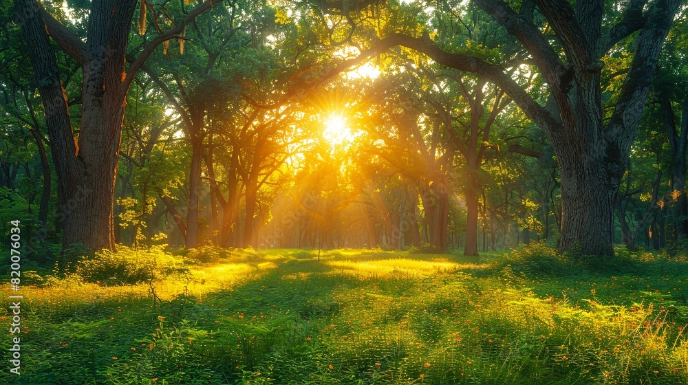 Obraz premium With its soft, golden sunlight filtering through the dense canopy of trees, this image transports viewers to a serene forest glade, where time seems to stand still amidst nature's beauty
