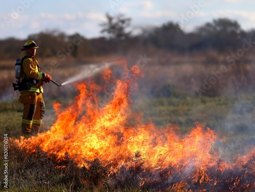 A firefighter is spraying water on a field of fire. The scene is intense and dangerous  as the fire is spreading rapidly. The firefighter is wearing a yellow helmet and a red jacket