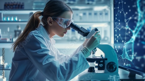 In a modern lab, a female scientist is seen using a microscope, likely conducting research in biotechnology or life sciences, embodying scientific progress and innovation in healthcare