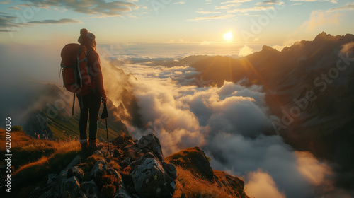 A lone hiker stands on a mountain peak at sunrise, overlooking a sea of clouds and distant mountains bathed in golden light