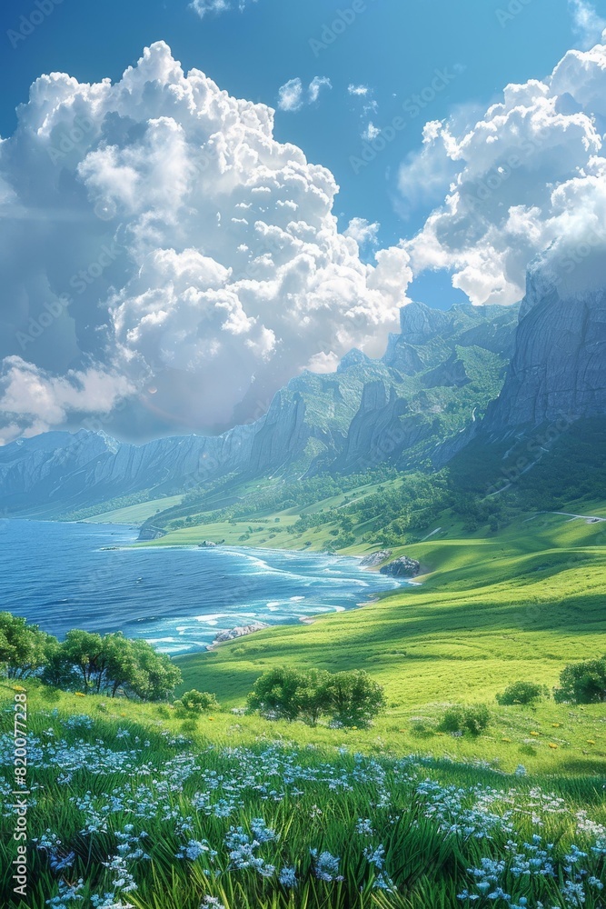 Fototapeta premium Green rolling hills and blue ocean water