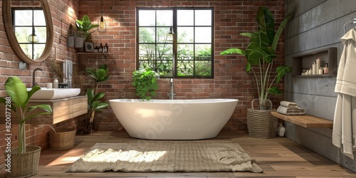 Modern Bathroom with Brick Walls  Freestanding Tub  and Greenery