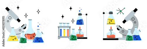 Laboratory equipment. Lab glassware. Chemical reagents in glass bottles and rest tubes and flasks. Medical scientific research tools. Doodle drawing. Vector cartoon flat style isolated illustration