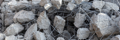 Panoramic image. Closeup of construction rubble with probation