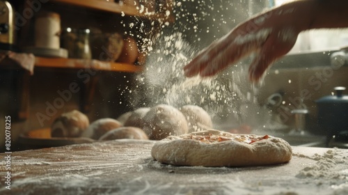 A hand tossing pizza dough in the air against a flour-dusted kitchen backdrop, preparing for a homemade pizza night.