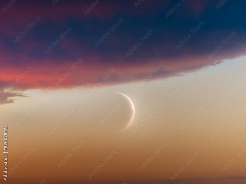 New Moon in the sky with clouds at sunset. Earth satellite, astronomical image. 