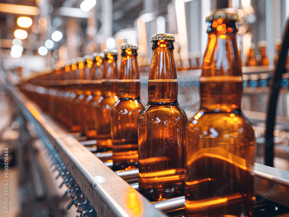 a conveyor belt in a brewery with rows of amber beer bottles, a soft focus on the closest bottles and a gradual blur into the distance, showcasing industrial efficiency. a conveyor belt in a brewery with rows of amber beer bottles, a soft focus on the closest bottles and a gradual blur into the distance, showcasing industrial efficiency.