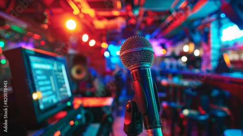 A karaoke setup with a microphone, screen displaying lyrics, and a group of friends ready to sing. photo