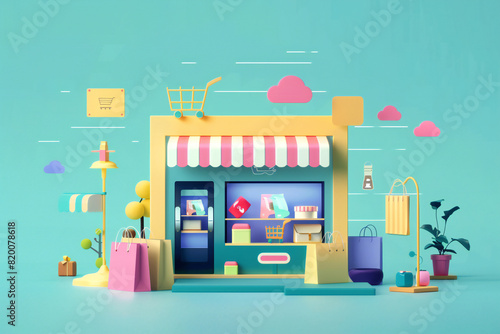 Vibrant Online Marketplace Illustration: Cute Shopfront with Shopping Icons