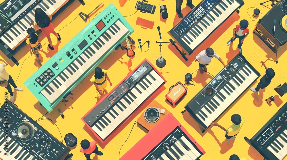 Music gathering flat design top view community theme 3D render splitcomplementary color scheme Music gathering flat design top view community theme 3D render splitcomplementary color scheme