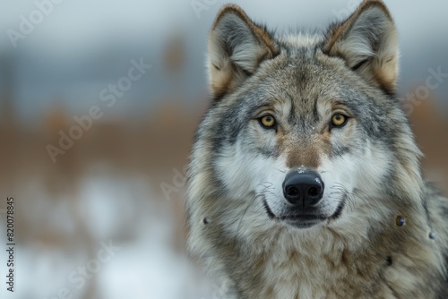 A graceful wolf stands against the background of autumn nature  his gaze is directed into the depths of the forest