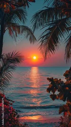 Oranges and reds fill the sky as the sun sets. Casting a warm light on the calm lake.