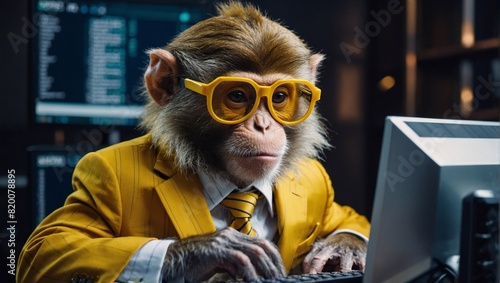 A funny monkey in a business suit and glasses at a computer, looking at stock reports and charts. Financial literacy, investments, stock exchange, taxes, fraud, corporations