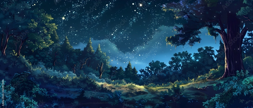 Fototapeta premium Enchanting Starry Night Landscape with Lush Forest and Glowing Sky