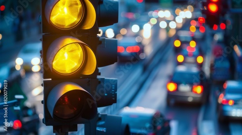 A malfunctioning traffic light flashing yellow, causing confusion among drivers at a busy intersection.
