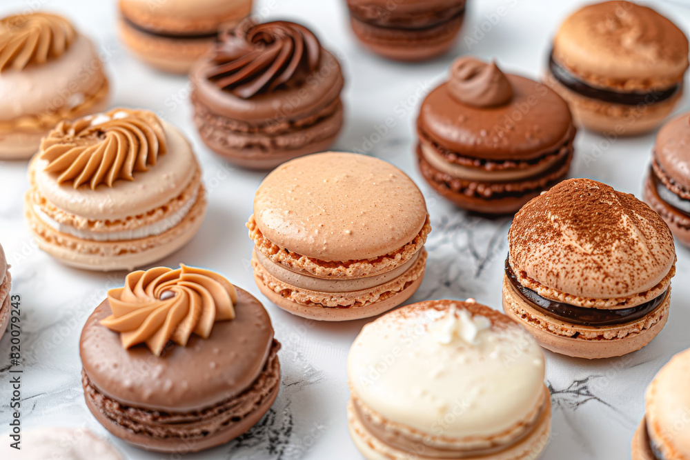 revealing the shiny glaze on macarons, the flaky crust of tartlets, and the creamy frosting of cakes, arranged on a cool marble backdrop. revealing the shiny glaze on macarons, the flaky crust of tartlets, and the creamy frosting of cakes, arranged on a cool marble backdrop.