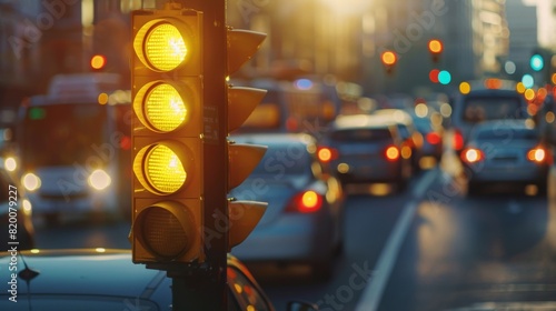 A malfunctioning traffic light flashing yellow, causing confusion among drivers at a busy intersection.