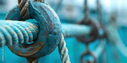 Image of taut rope on pulley supporting weight texture stretched and strained. Concept Mechanical engineering, Pulley systems, Tension force, Stress analysis, Structural mechanics photo