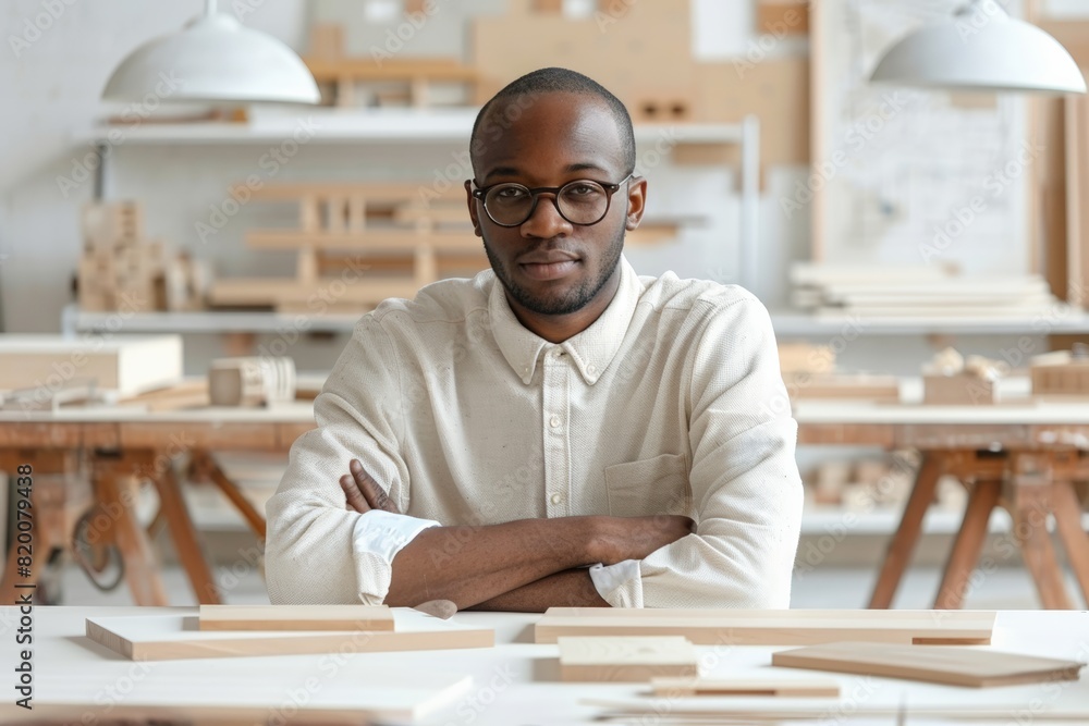 African American furniture maker sketching designs in a bright workshop, Confident, young designer with glasses and arms crossed, standing in a bright studio. African American furniture maker sketching designs in a bright workshop, Confident, young designer with glasses and arms crossed, standing in a bright studio.