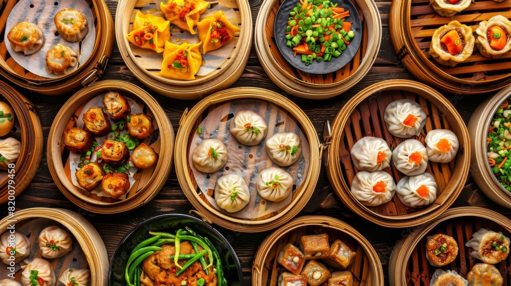 A mouth-watering spread of traditional Chinese dim sum dishes, including steamed dumplings and buns, served on bamboo trays.