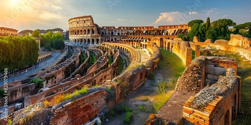 Exploring Italy's Historic Architecture and Roman Streets Through the Iconic Colosseum. Concept Travel Photography, Architectural Details, Historical Landmarks, Roman Street Scenes, Italy Exploration photo