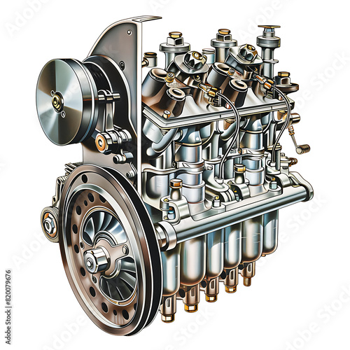 Engine and piston, white background, Driving power from mechanical innovations from the past