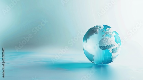 transparent glass globe on water, fluid, liquid, copy space, place for text, light blue background, planet, earth