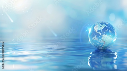 transparent glass globe on water  fluid  liquid  copy space  place for text  light blue background  planet  earth