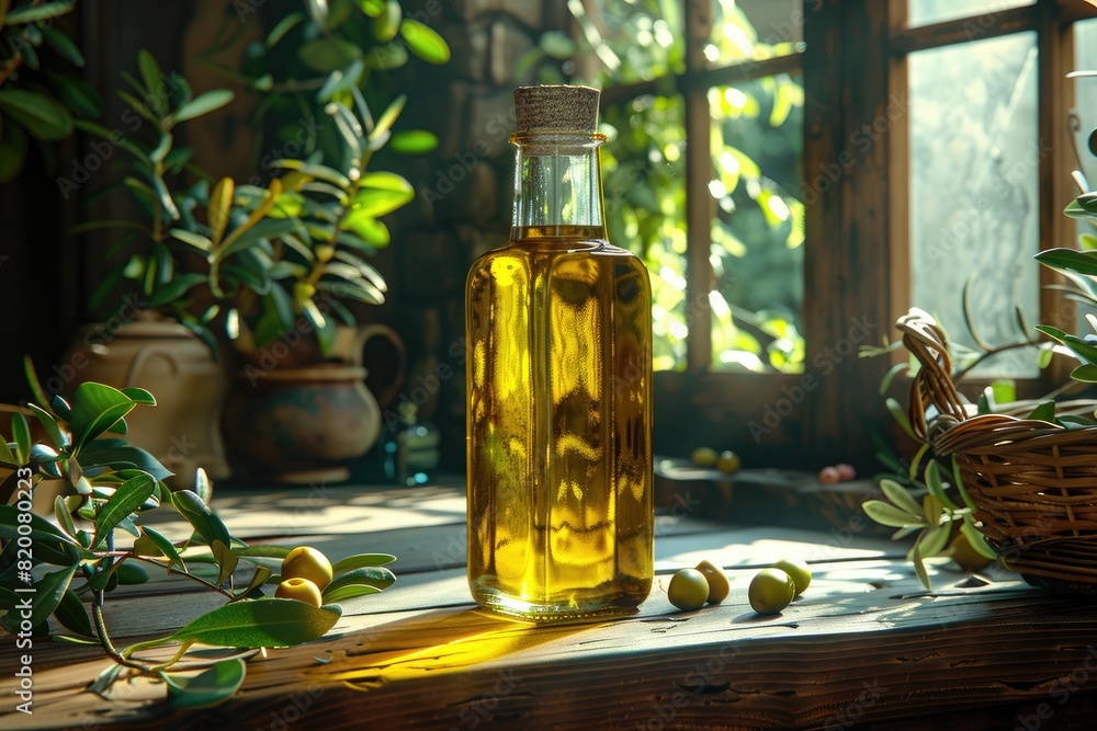 Rustic Olive Oil Bottle in Sunlit Kitchen: Fresh, Organic Olives and Leaves on Wooden Table Rustic Olive Oil Bottle in Sunlit Kitchen: Fresh, Organic Olives and Leaves on Wooden Table