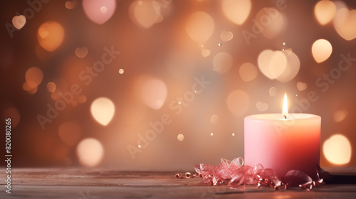 Candle on bokeh hearts background. Vintage style with red candle and hearts light
