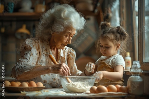 Grandmother and Granddaughter Baking Together: Family Bonding Over Dough and Flour in a Cozy Kitchen © ekhtiar