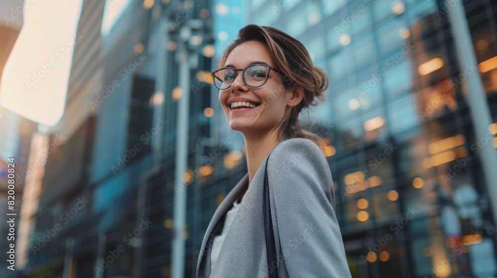 Young businesswoman in a fashionable attire, grinning and looking away as she stands against a skyscraper in a side view. Young businesswoman in a fashionable attire, grinning and looking away as she stands against a skyscraper in a side view.