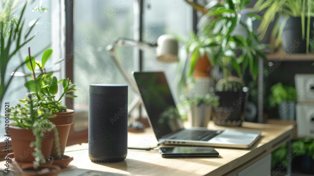 A sleek wireless speaker playing music on a minimalist desk setup, featuring a laptop and some plants.