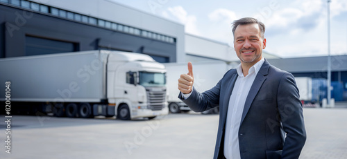 Logistics business owner in a business suit looks at the camera and shows a thumbs up against the backdrop of a logistics center and trucks