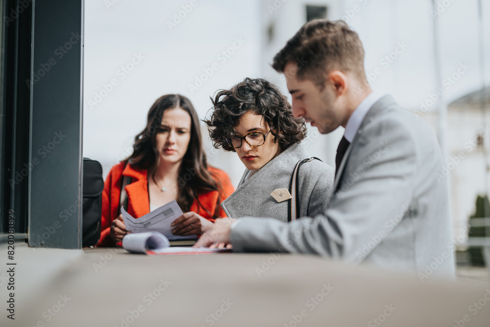 Three professional business partners engaged in discussion over paperwork outside a modern building. Three professional business partners engaged in discussion over paperwork outside a modern building.