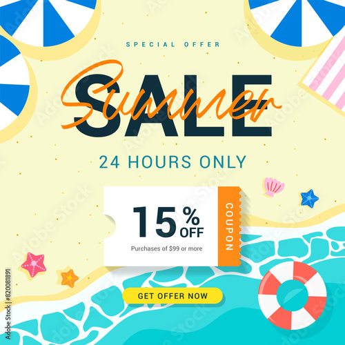 Summer sale coupon promotion vector illustration. Summer beach background