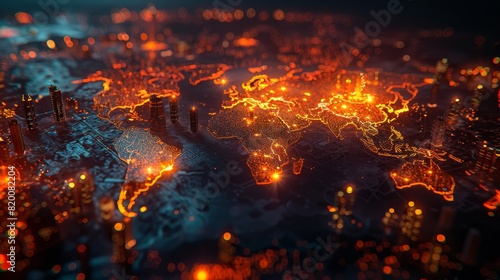 Glowing Technological Cityscape Overlaying World Map, Symbolizing Urban Connectivity