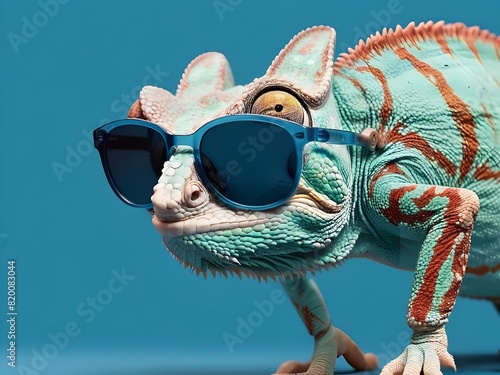 Closeup of chameleon wearing sunglasses isolated on blue background with copy space. Lizard wearing a sunglasses. Vector of a reptile with spikes looking cool. Reptile Awareness Day October 21